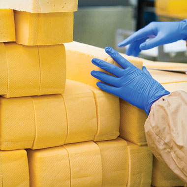 A worker stacks blocks of cheese at a dairy plant. In the dairy industry, TOC analysers can aid in monitoring effluent organic waste and reducing product loss.