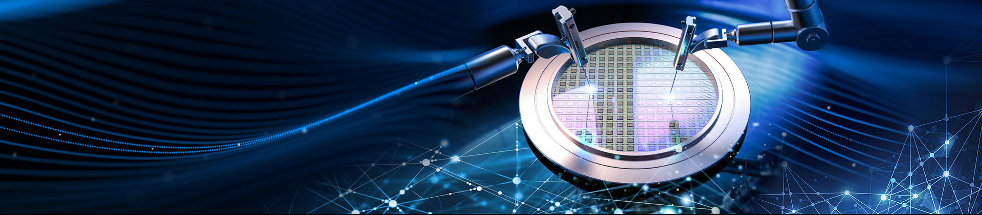 Robotic arms assembling a semiconductor wafer within a digitally connected and technological background scene.  