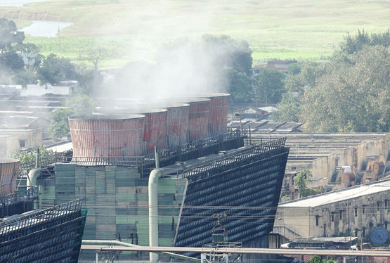 A cooling tower of a power plant.